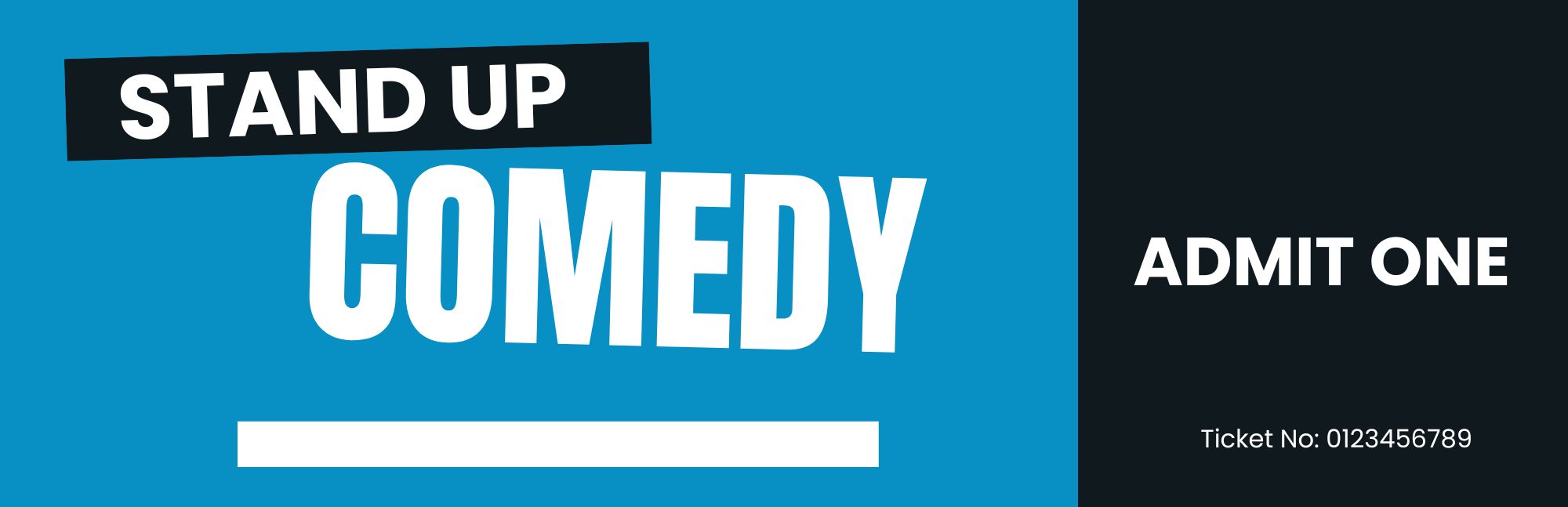 blue and white illustrative stand up comedy ticket